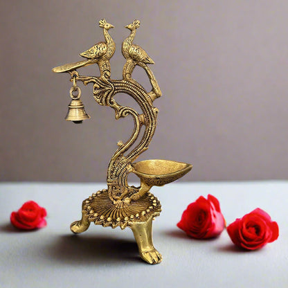 Ethnic Carved Twin Peacock Over Brass Diya