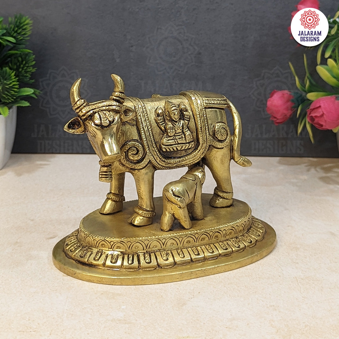 Brass Kamdhenu Cow and Calf Statue