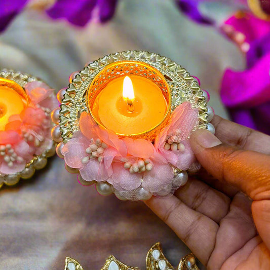 (Set of 2) Flower Pearl Diya Tea Light – Assorted Colors – Diwali Decorative Tea Light Holders