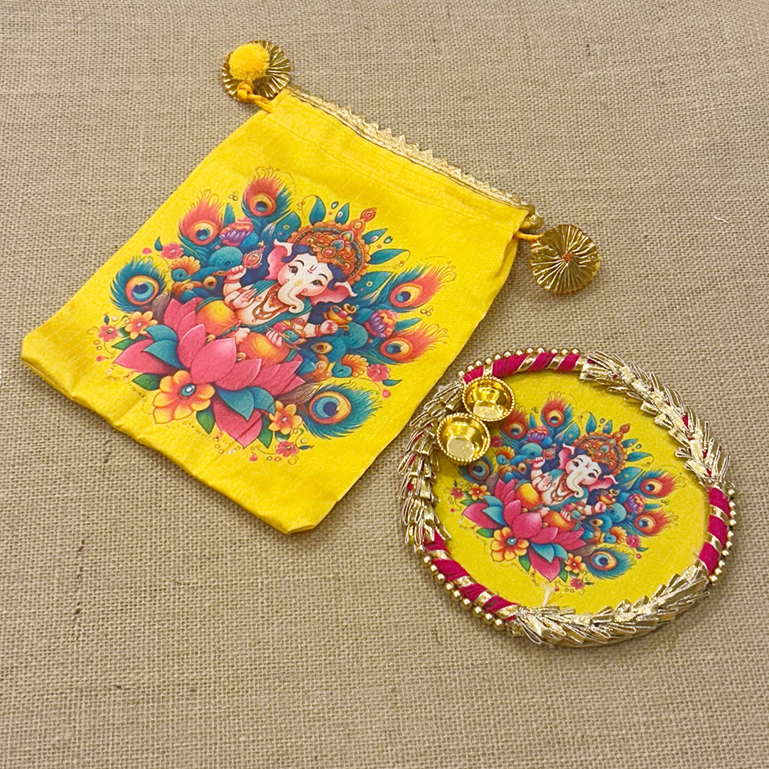 Ganesha Potli Bag with Tilak/Haldi Kumkum Platter | Diwali. Pooja, Baby Shower, Housewarming Return Gift