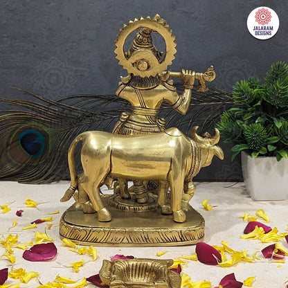 Brass Lord Krishna Playing Flute with Cow and Peacock