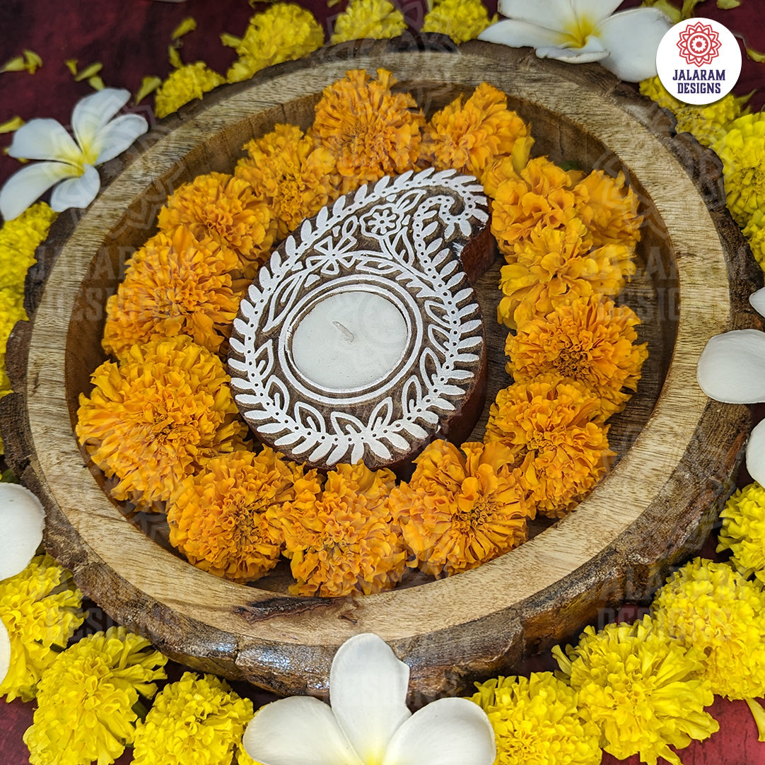 Paisley Shaped Wooden Block Tea Light Holder