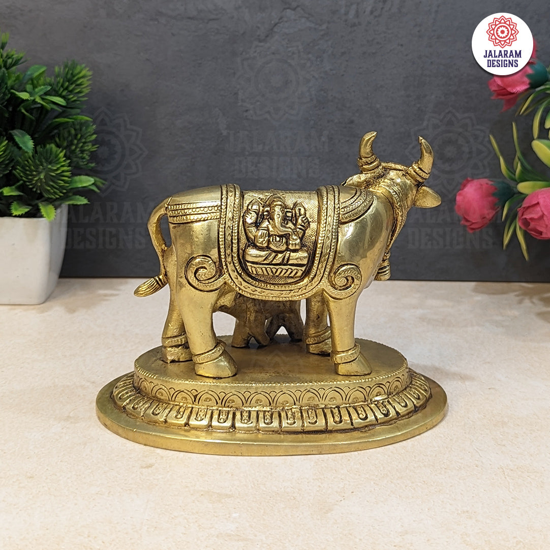 Brass Kamdhenu Cow and Calf Statue