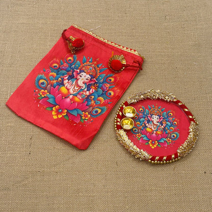 Ganesha Potli Bag with Tilak/Haldi Kumkum Platter | Diwali. Pooja, Baby Shower, Housewarming Return Gift