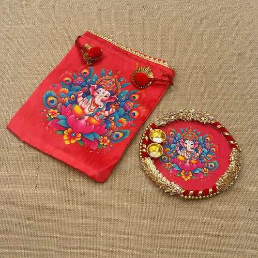 Ganesha Potli Bag with Tilak/Haldi Kumkum Platter | Diwali. Pooja, Baby Shower, Housewarming Return Gift