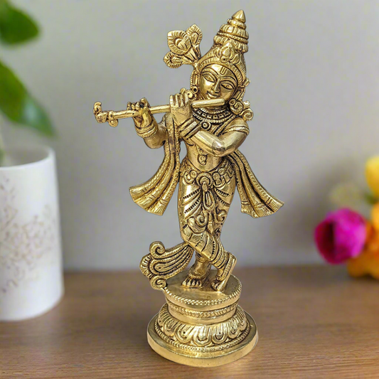 Brass Handcrafted Lord Krishna Idol - Unique Divine Sculpture | For Temple, Home, Office, Pooja, Decor, Gifts