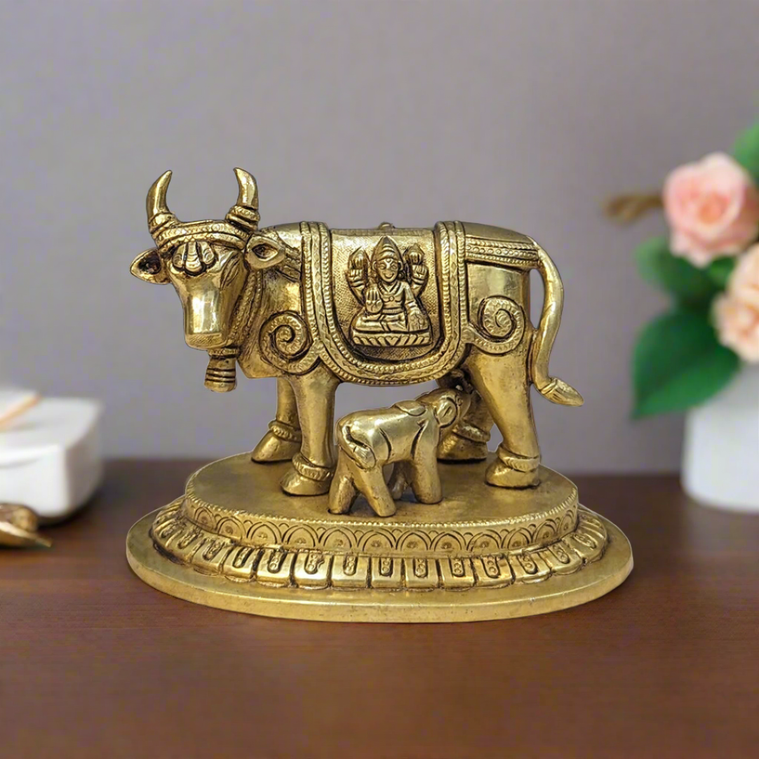 Brass Kamdhenu Cow and Calf Statue