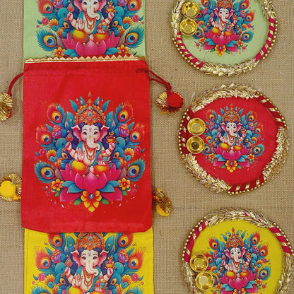 Ganesha Potli Bag with Tilak/Haldi Kumkum Platter | Diwali. Pooja, Baby Shower, Housewarming Return Gift