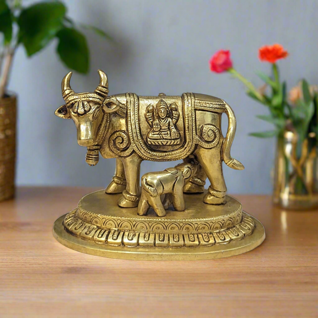 Brass Kamdhenu Cow and Calf Statue