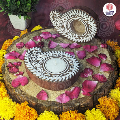 Paisley Shaped Wooden Block Tea Light Holder