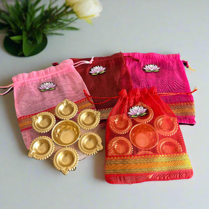 Lotus Cut Brocade Border Potli Bag with Diya Urli