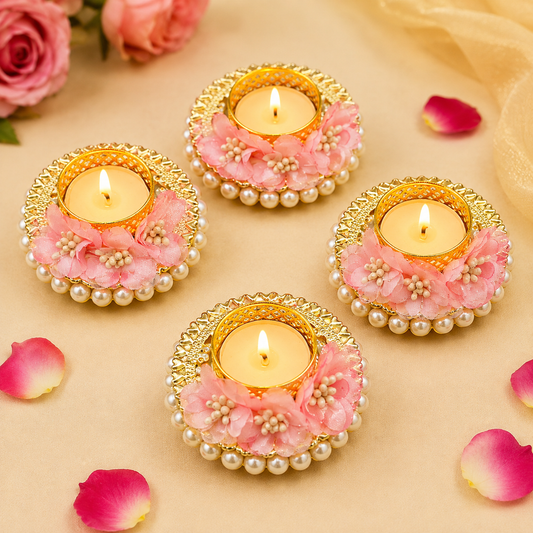 (Set of 2) Flower Pearl Diya Tea Light – Assorted Colors – Diwali Decorative Tea Light Holders
