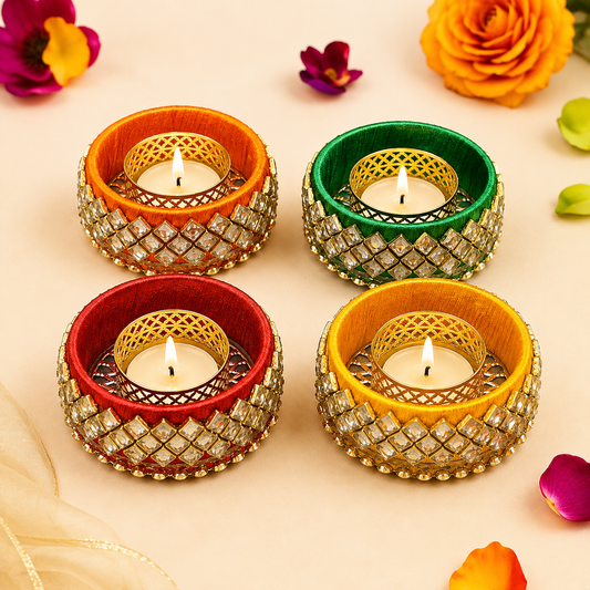 Set Of 2 Diamond Bangle Diya Tea Light – Diwali Decorative T-light Holder (Assorted Colors)
