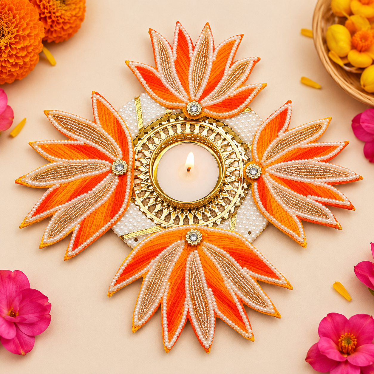 Orange Lotus Decorative Rangoli T-light – Diwali & Festive Home Decor