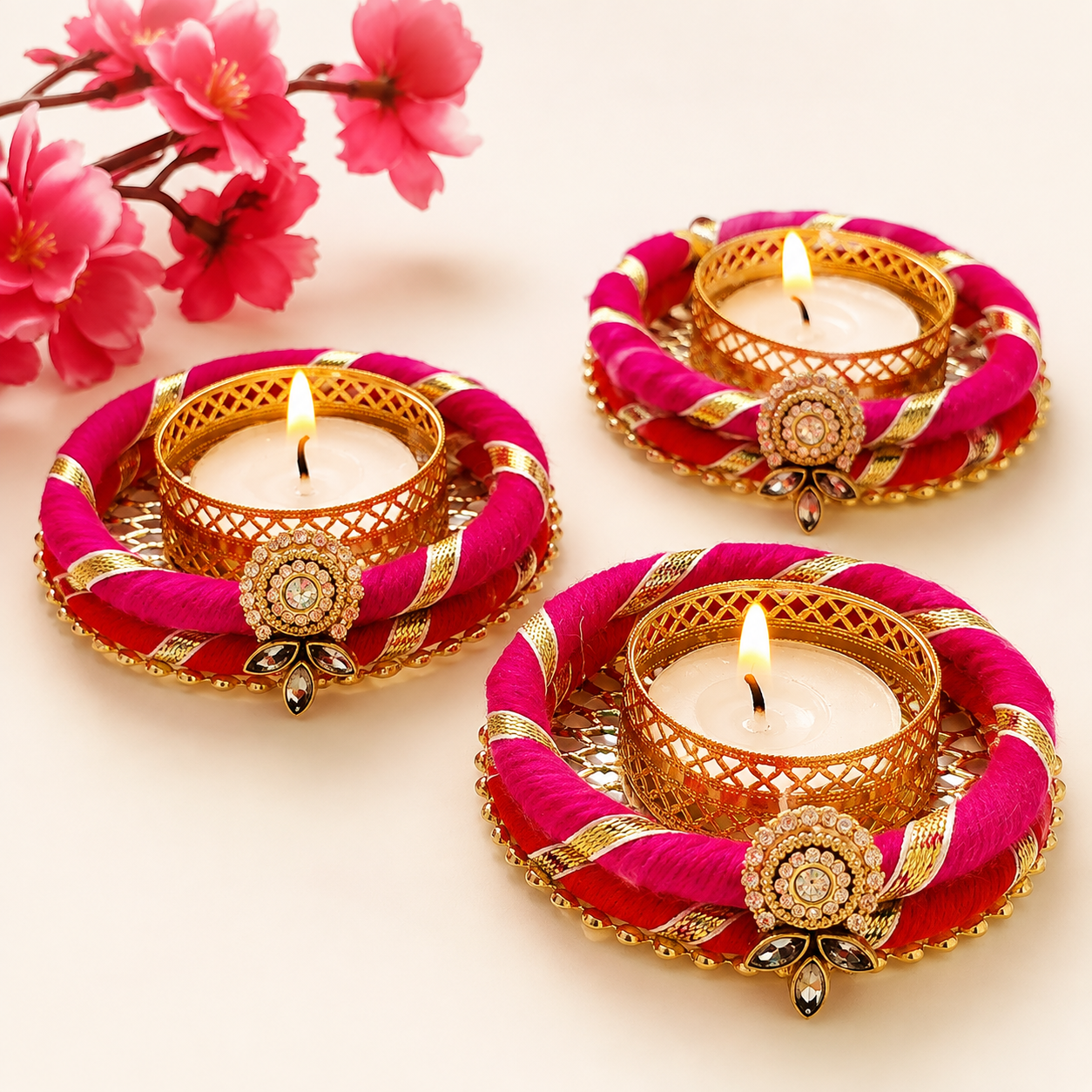 (Set Of 2) Red-Pink Bangle Tea -Light Holders