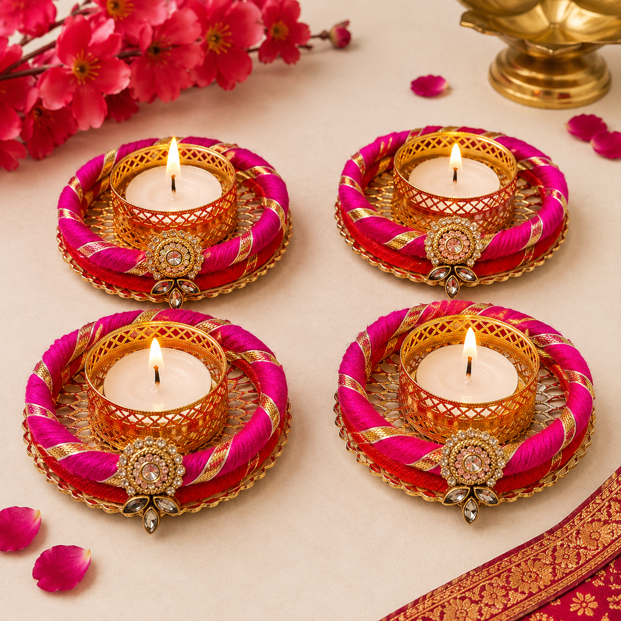 (Set Of 2) Red-Pink Bangle Tea -Light Holders