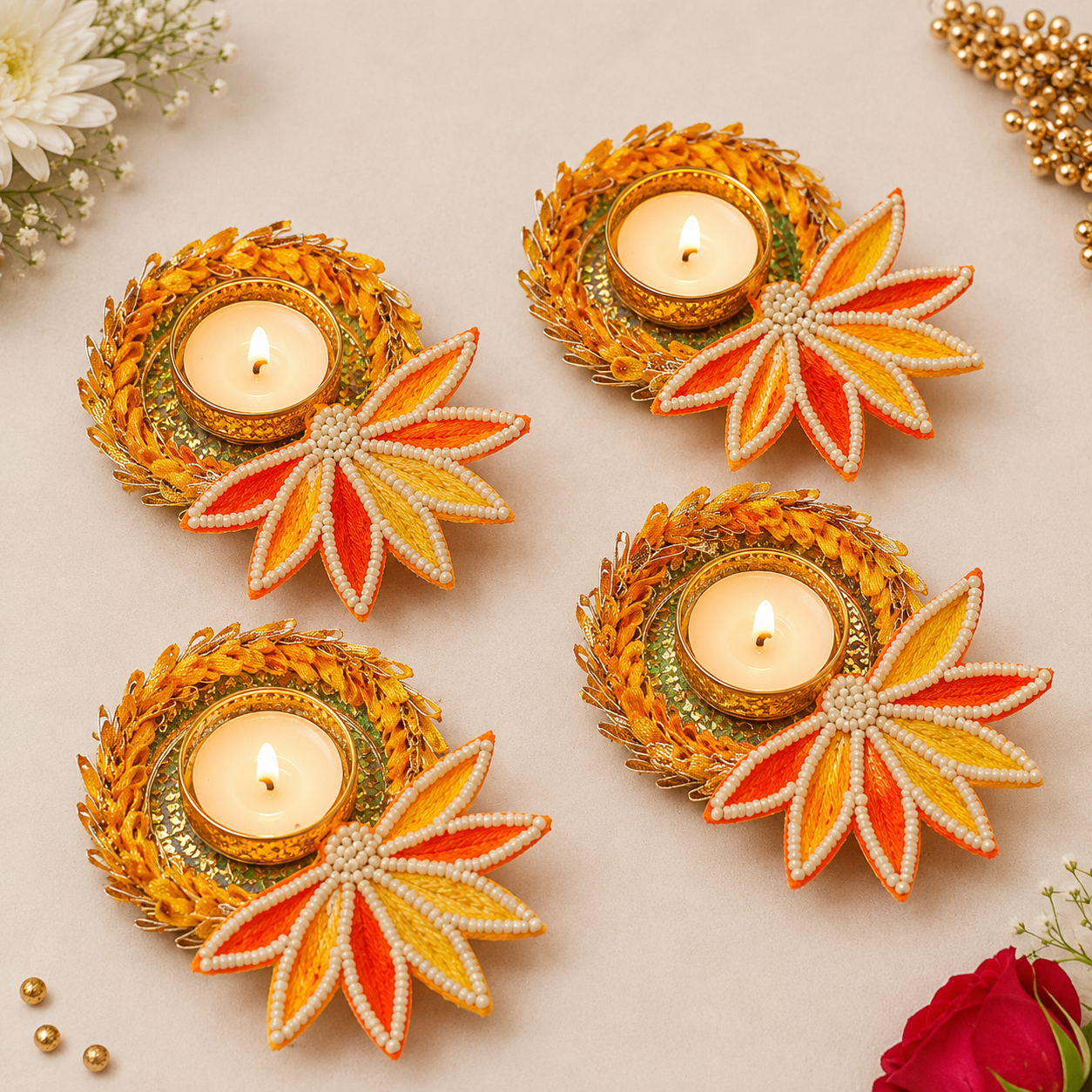 (Set Of 2) Yellow Lotus Pearl Bangle Tea Light Holder