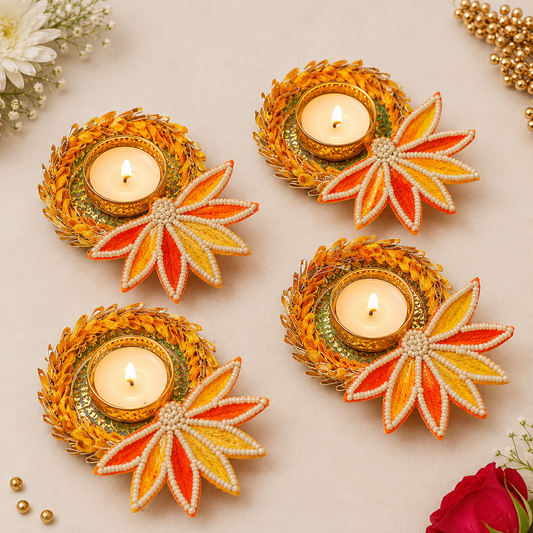 (Set Of 2) Yellow Lotus Pearl Bangle Tea Light Holder