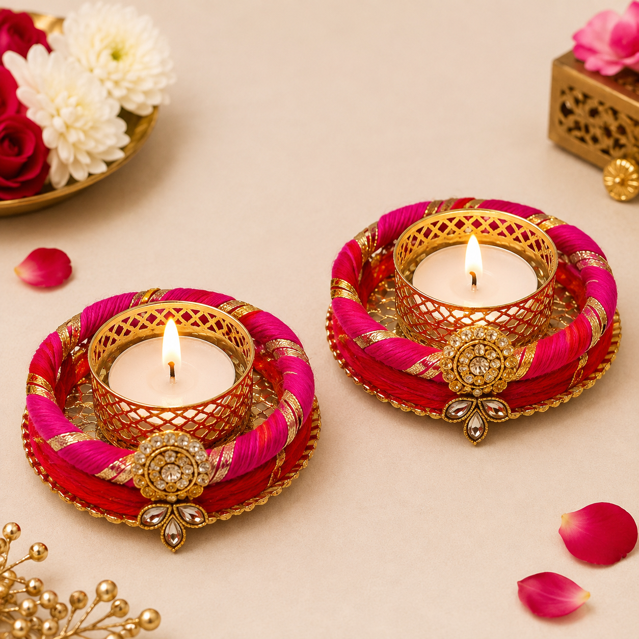 (Set Of 2) Red-Pink Bangle Tea -Light Holders