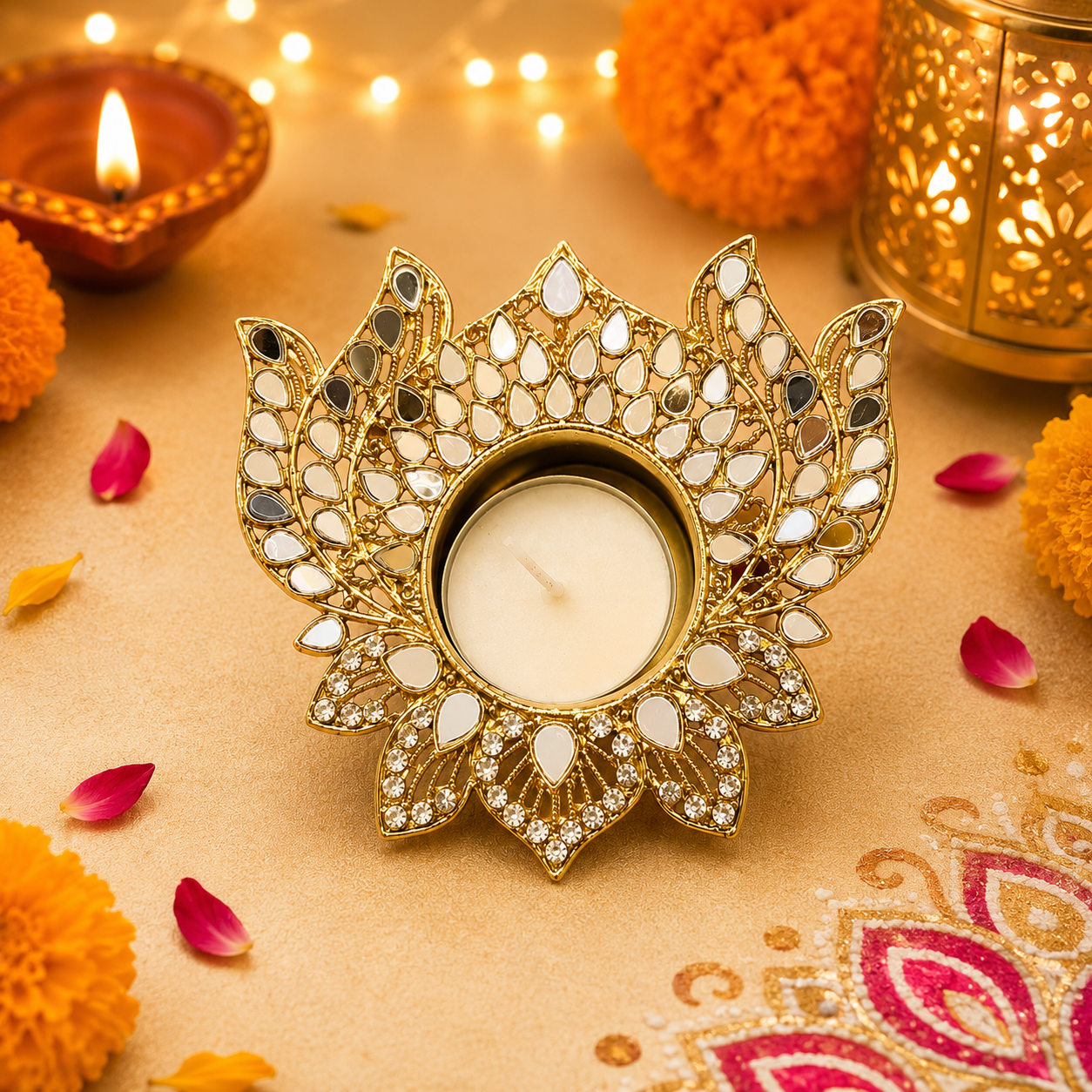 (Single) Metal Lotus Shape Mirror Tea Light