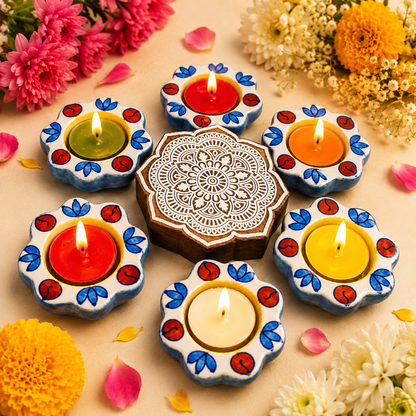 Blue Pottery Flower Design Tea Light - Single Piece