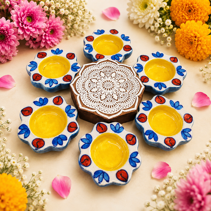 Blue Pottery Flower Design Tea Light - Single Piece