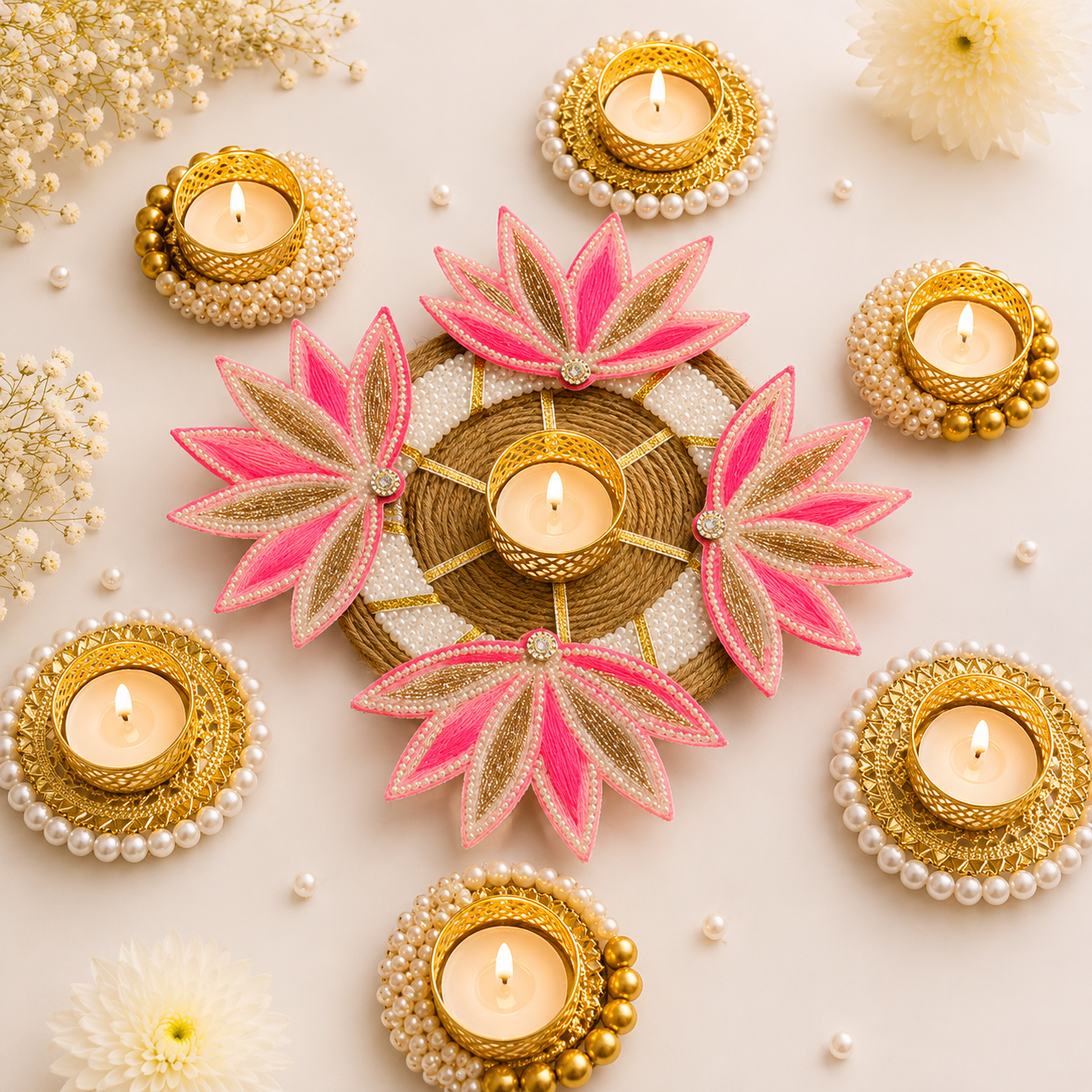 (Set of 7) Pink Lotus Decorative Rangoli Set