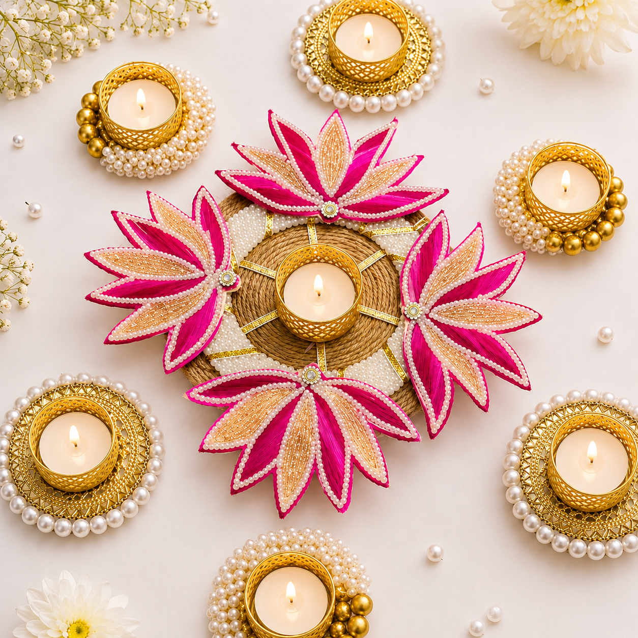 (Set of 7) Magenta Lotus Decorative Rangoli Set