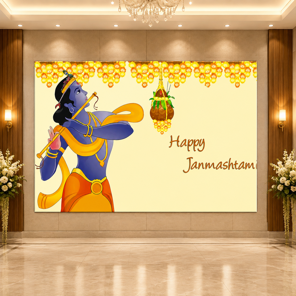 Garlands with Matuki and Krishnaji Design Backdrop Cloth for Pooja Decoration Traditional Background Size (5x8) FT