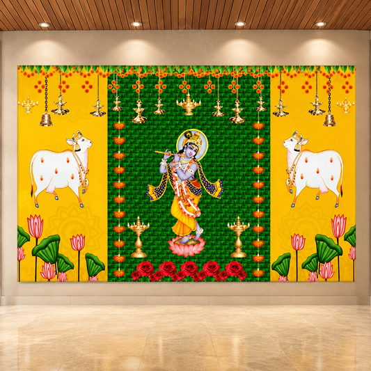 Cow and Green chatiya with Shree Krishna Design Backdrop Cloth for Pooja Decoration Traditional Background Curtain Cloth Size (5x8) FT