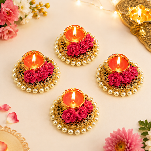 (Set Of 2) Pearl Bangle And Flower Tea Light Holder