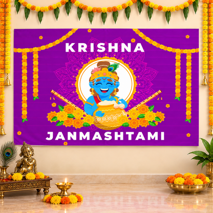 Garlands and Matuki with Bal Krishnaji Design Backdrop Cloth for Pooja Decoration Traditional Background Size (5x8) FT
