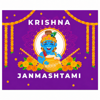 Garlands and Matuki with Bal Krishnaji Design Backdrop Cloth for Pooja Decoration Traditional Background Size (5x8) FT