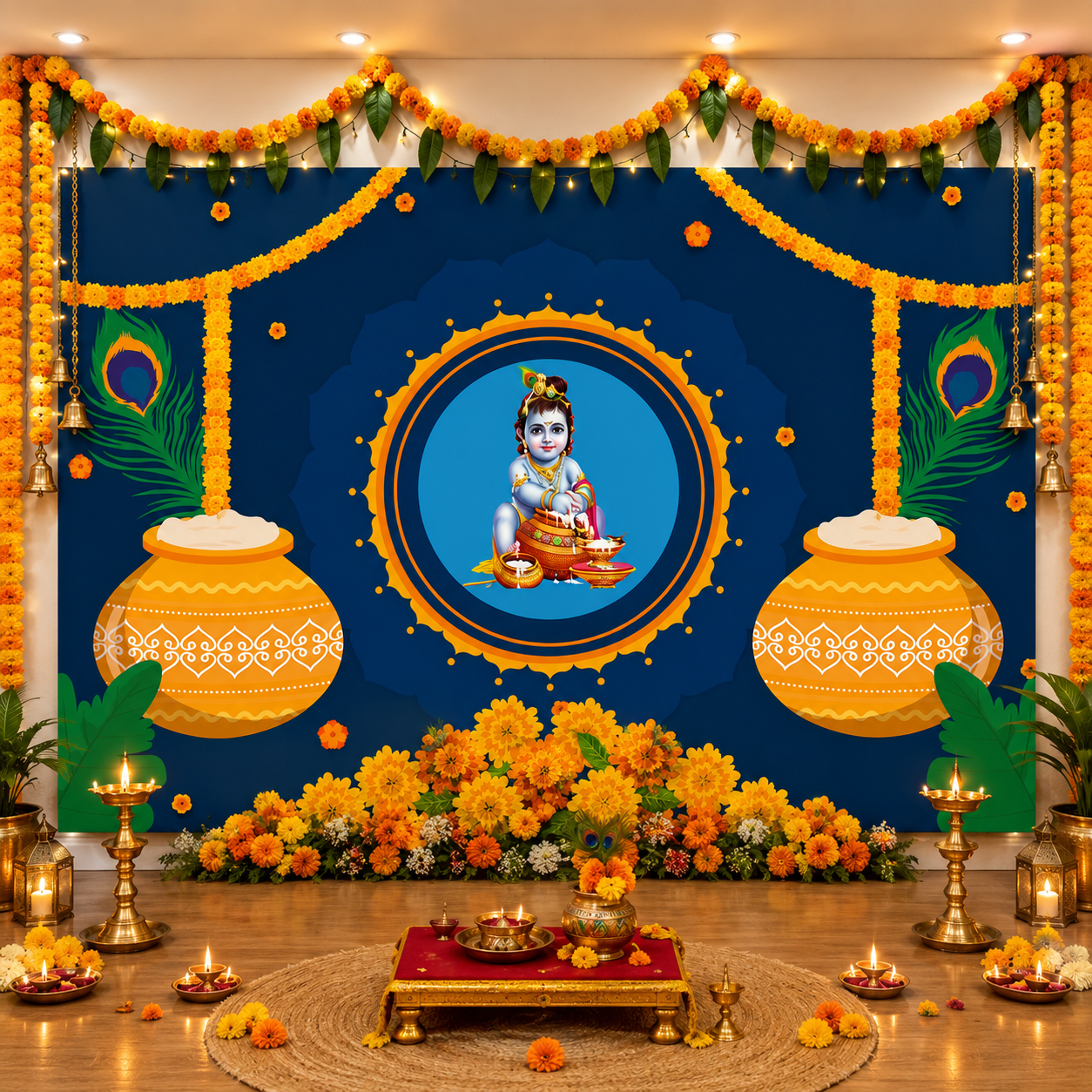 Bal Krishna with Matuki Design Backdrop Cloth for Pooja Decoration Traditional Background Size (5x8) FT