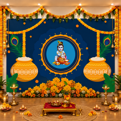 Bal Krishna with Matuki Design Backdrop Cloth for Pooja Decoration Traditional Background Size (5x8) FT
