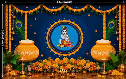 Bal Krishna with Matuki Design Backdrop Cloth for Pooja Decoration Traditional Background Size (5x8) FT
