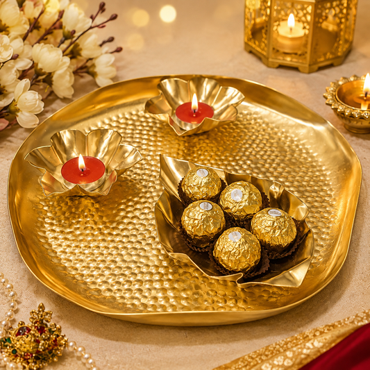Decorative Metal Tray  With Leaf And Diyas