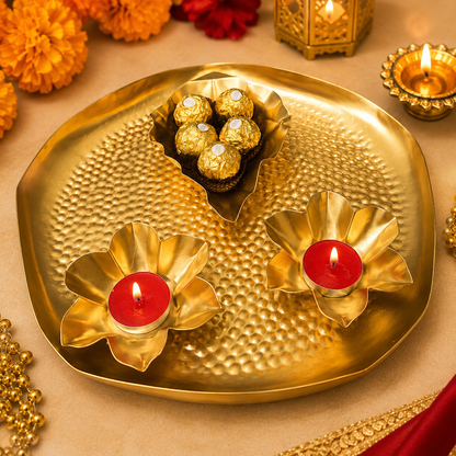 Decorative Metal Tray  With Leaf And Diyas