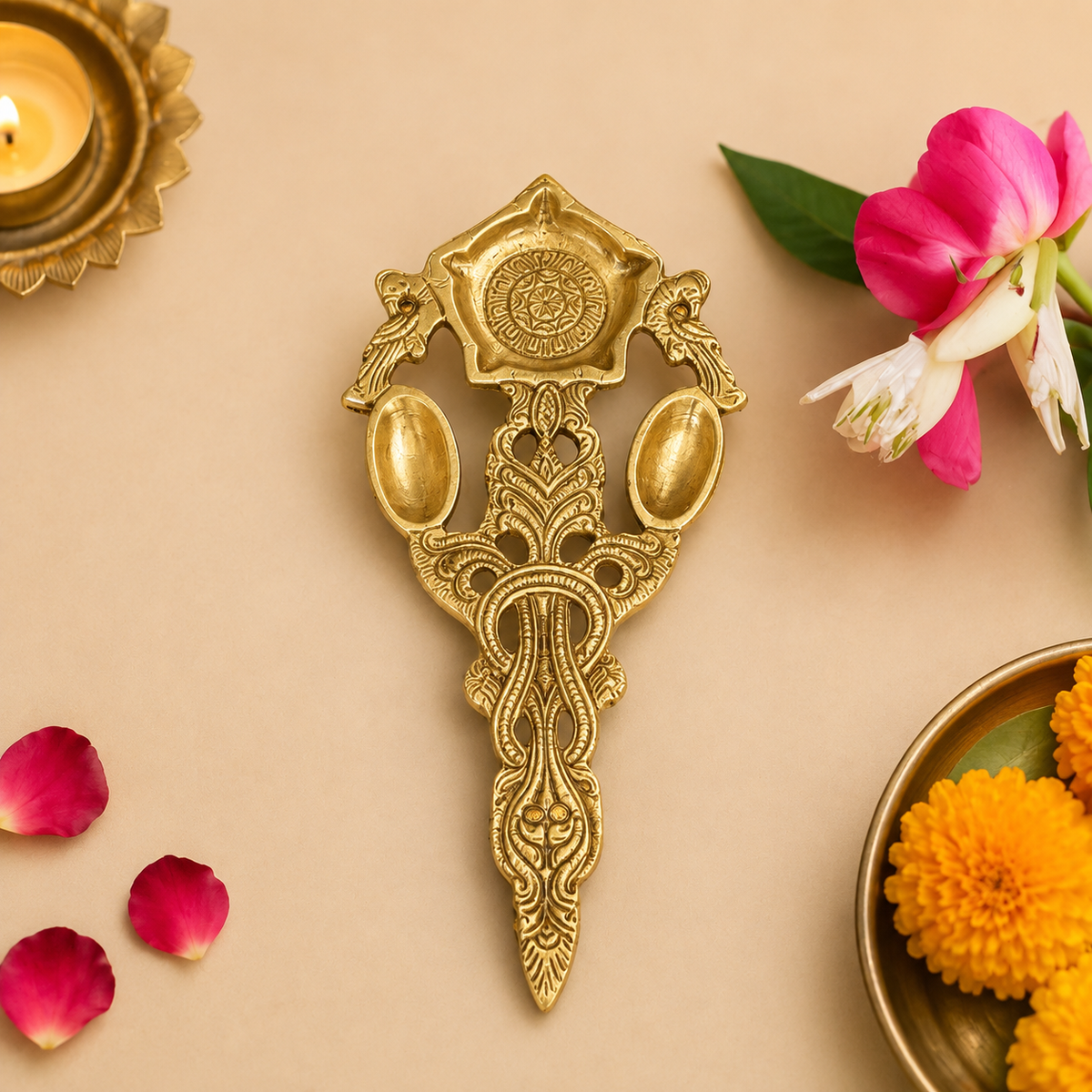 Twin Peacock Design Brass Pooja Spoon