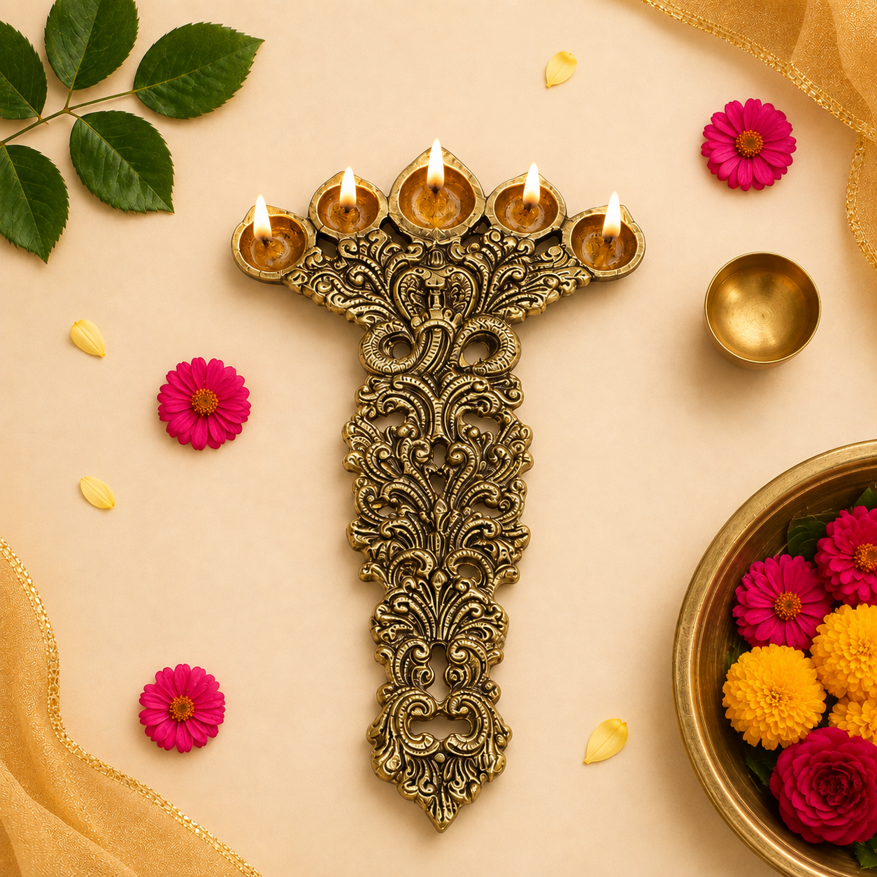 Brass Sheshnag Five Petal Pooja Spoon