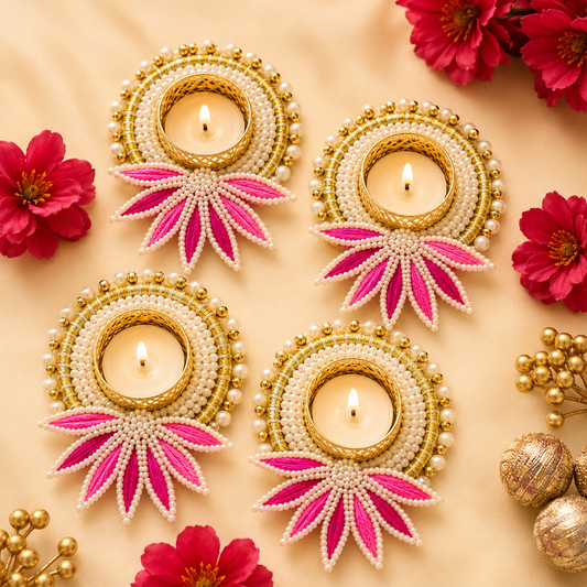 (Set Of 2) Pink Lotus Pearl Bangle Tea Light Holder