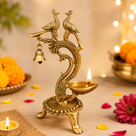 Ethnic Carved Twin Peacock Over Brass Diya