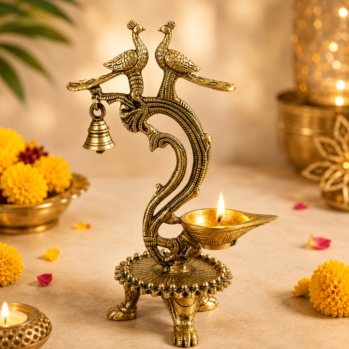 Ethnic Carved Twin Peacock Over Brass Diya