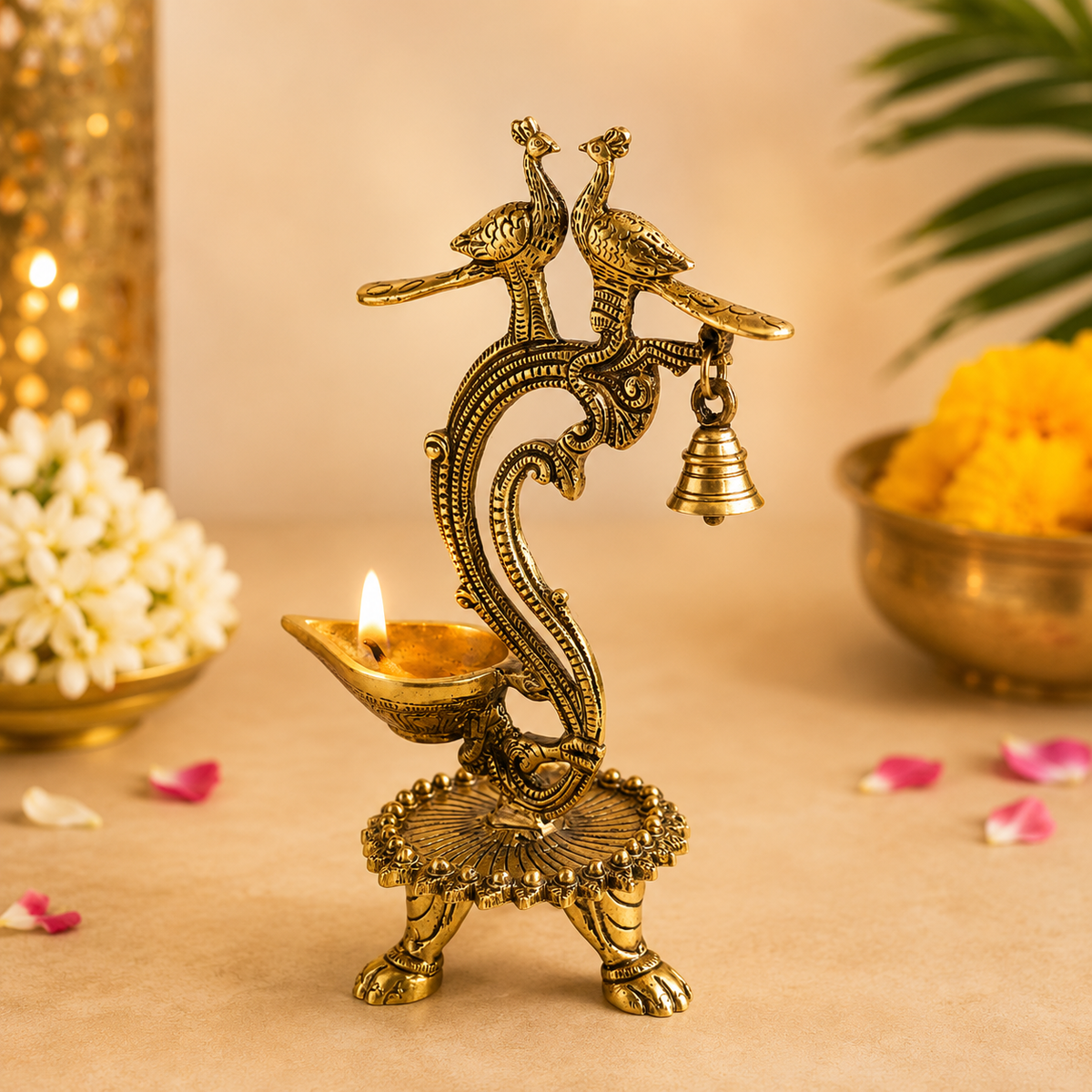 Ethnic Carved Twin Peacock Over Brass Diya