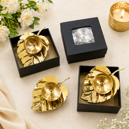 Leaf Pure Brass Diya Set of for Home Office Puja Decor Leaf Akhand Diya for Pooja Room Leaf Shaped Brass Diyas for Diwali, Ganpati Decoration Gift Items