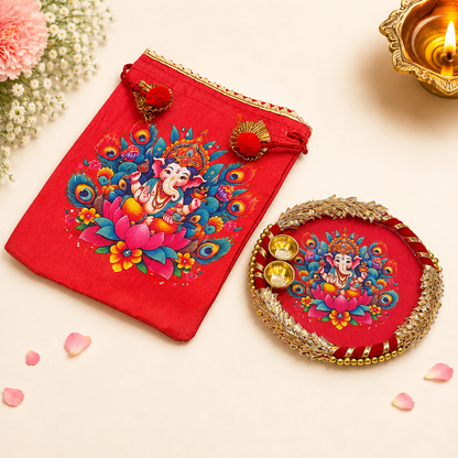 Ganesha Potli Bag with Tilak/Haldi Kumkum Platter | Diwali. Pooja, Baby Shower, Housewarming Return Gift