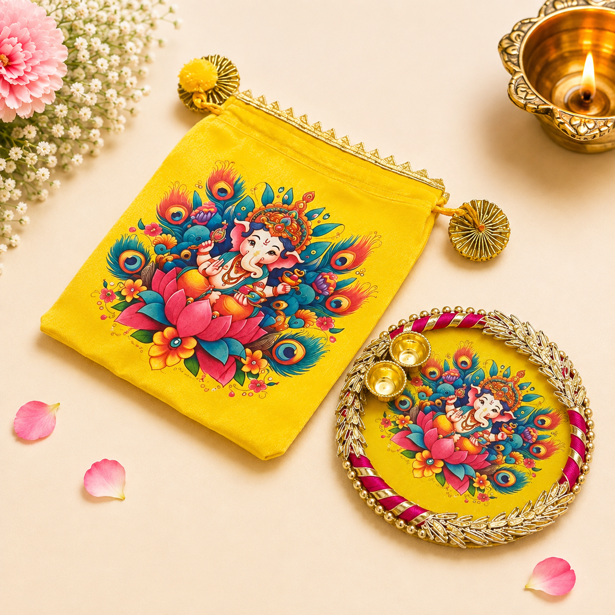 Ganesha Potli Bag with Tilak/Haldi Kumkum Platter | Diwali. Pooja, Baby Shower, Housewarming Return Gift
