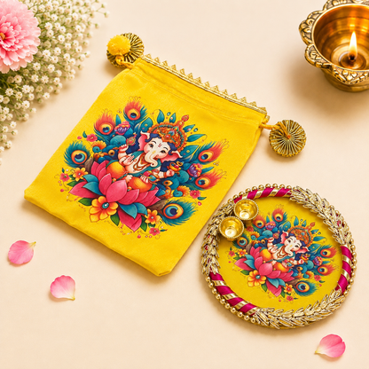 Ganesha Potli Bag with Tilak/Haldi Kumkum Platter | Diwali. Pooja, Baby Shower, Housewarming Return Gift