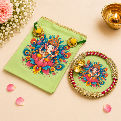 Ganesha Potli Bag with Tilak/Haldi Kumkum Platter | Diwali. Pooja, Baby Shower, Housewarming Return Gift
