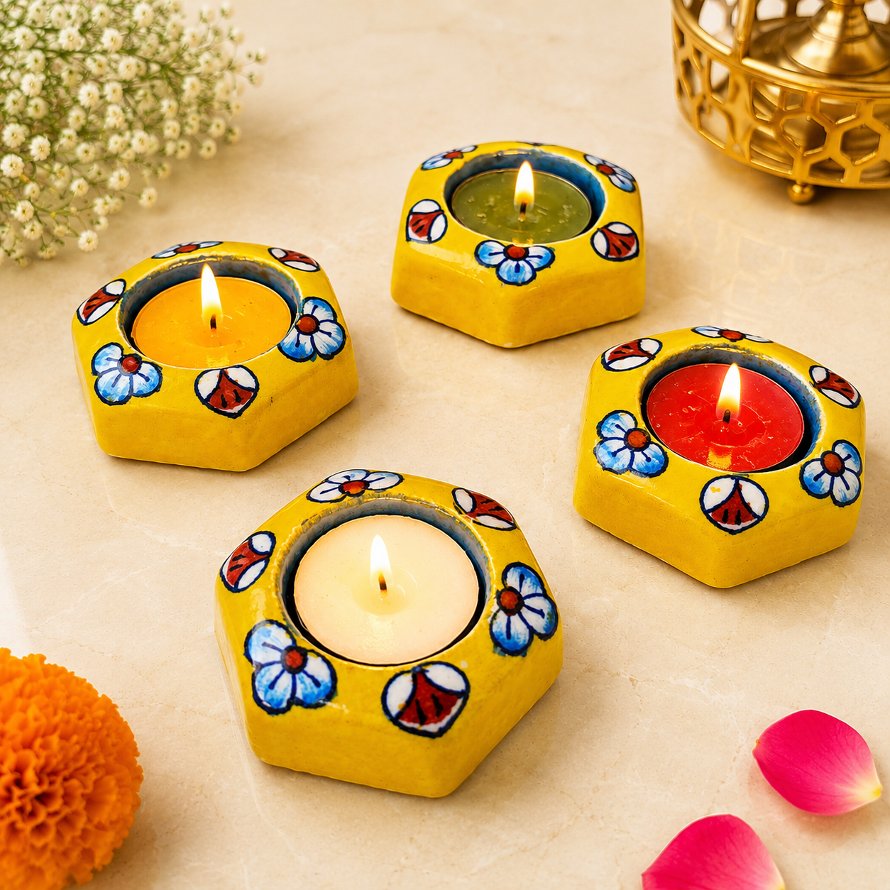 Blue Pottery Yellow Flower Hexagonal Design Tea Lights - Single Piece